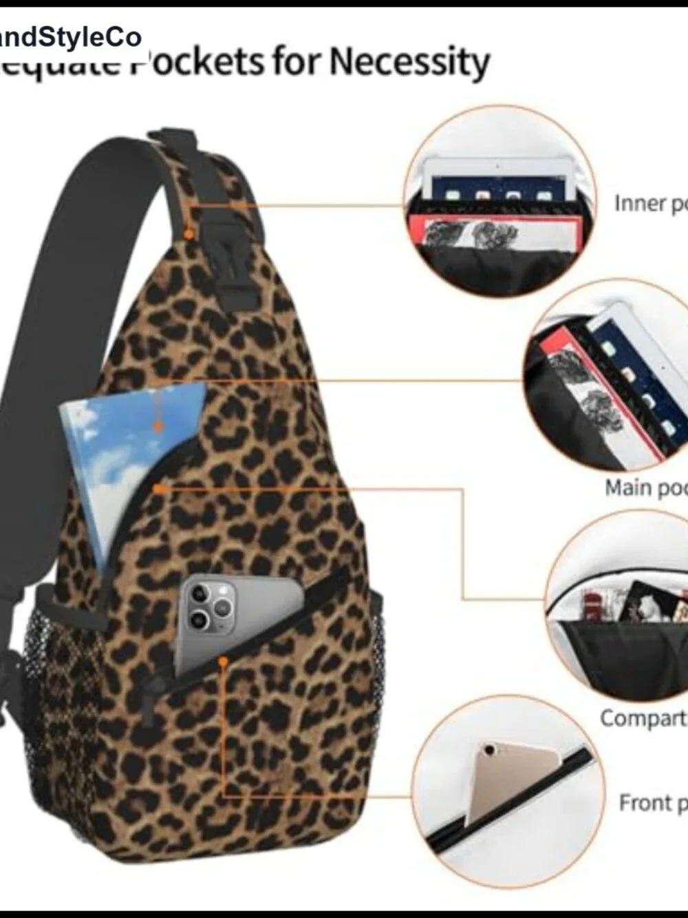 Leopard Print Sling Backpack Crossbody Bag Adjustable Strap Polyester Casual